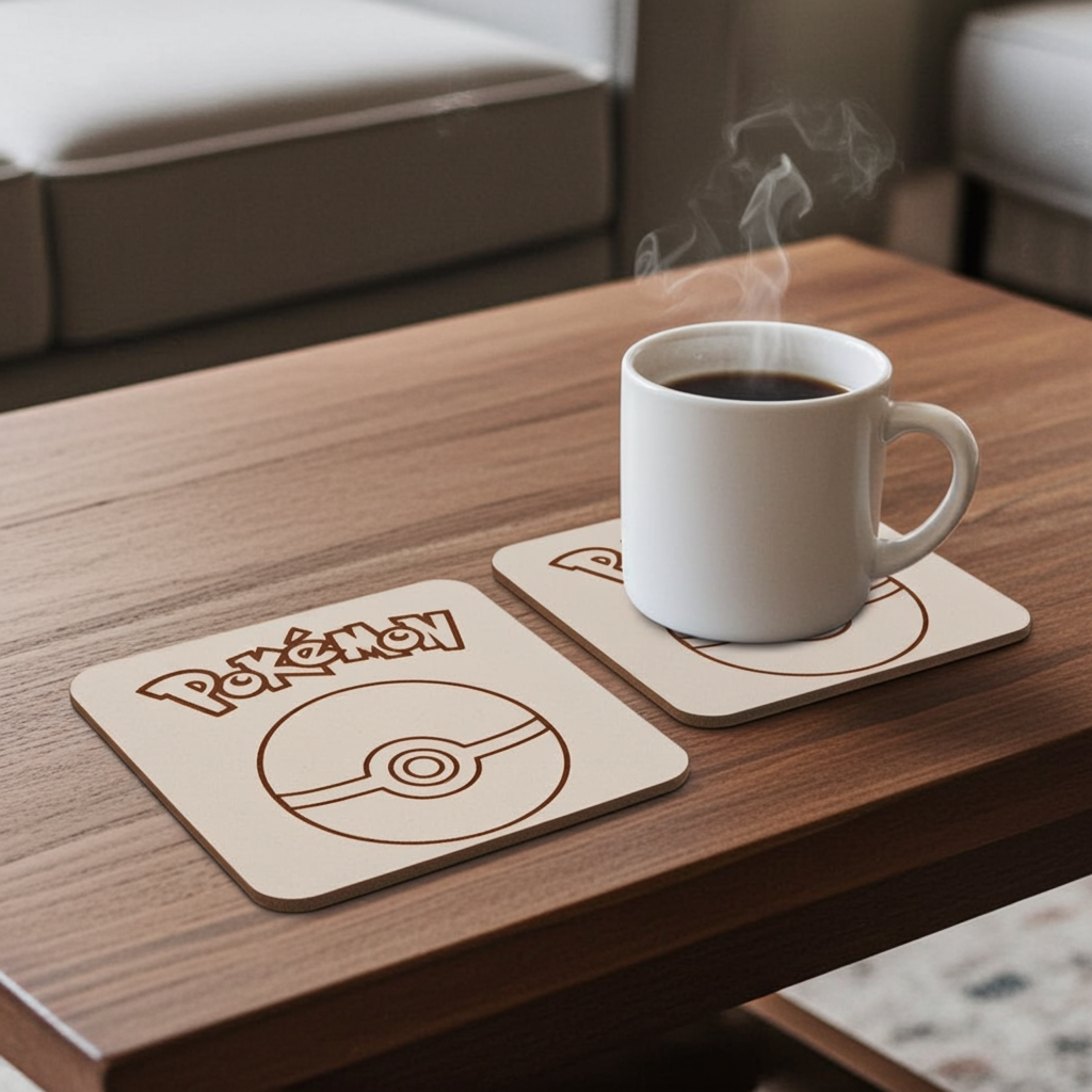 Pokémon Drink Coasters Collection. Set of 6 Wood Engraved Drink Coasters. White Collection.