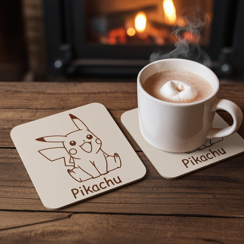 Pokémon Drink Coasters Collection. Set of 6 Wood Engraved Drink Coasters. White Collection.