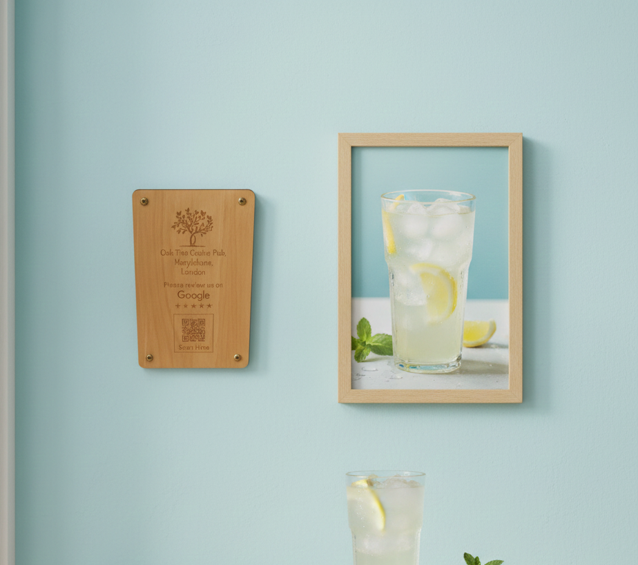 Personalised, Bespoke QR Code Wood Plaque, (Business reviews, food and drink menus, market or craft stall stock, link to business) . 260mm x 170mm x 4mm.