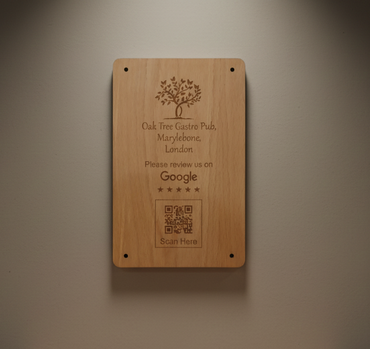 Personalised, Bespoke QR Code Wood Plaque, (Business reviews, food and drink menus, market or craft stall stock, link to business) . 260mm x 170mm x 4mm.