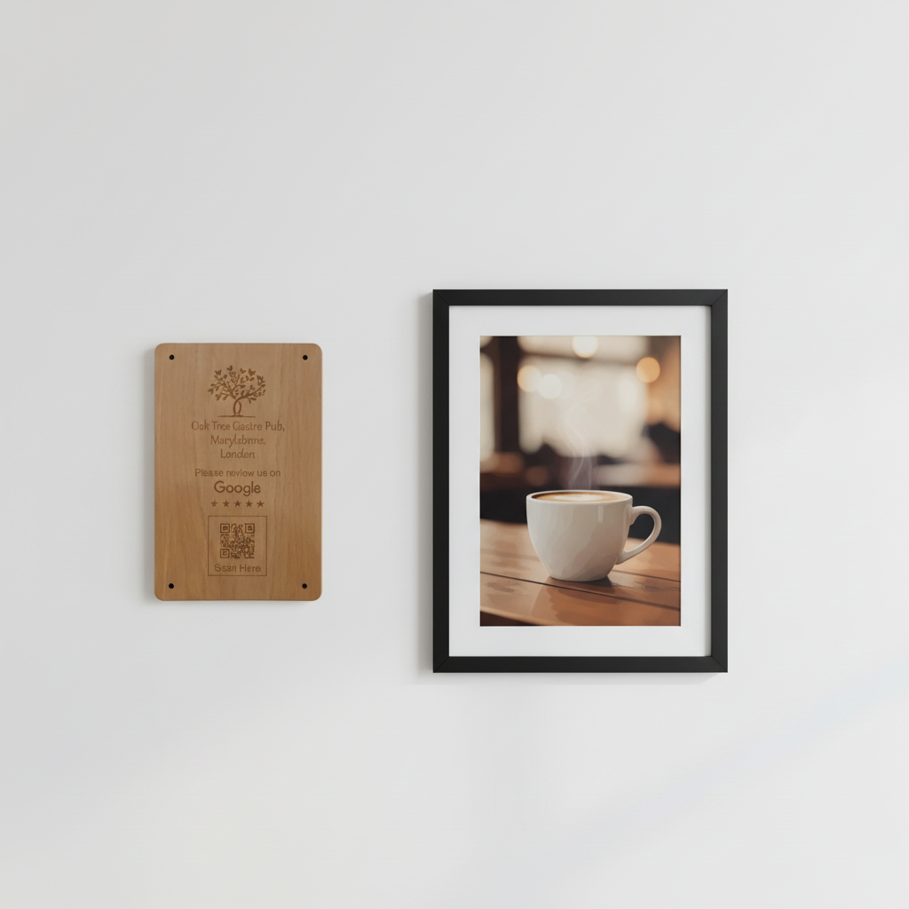 Personalised, Bespoke QR Code Wood Plaque, (Business reviews, food and drink menus, market or craft stall stock, link to business) . 260mm x 170mm x 4mm.