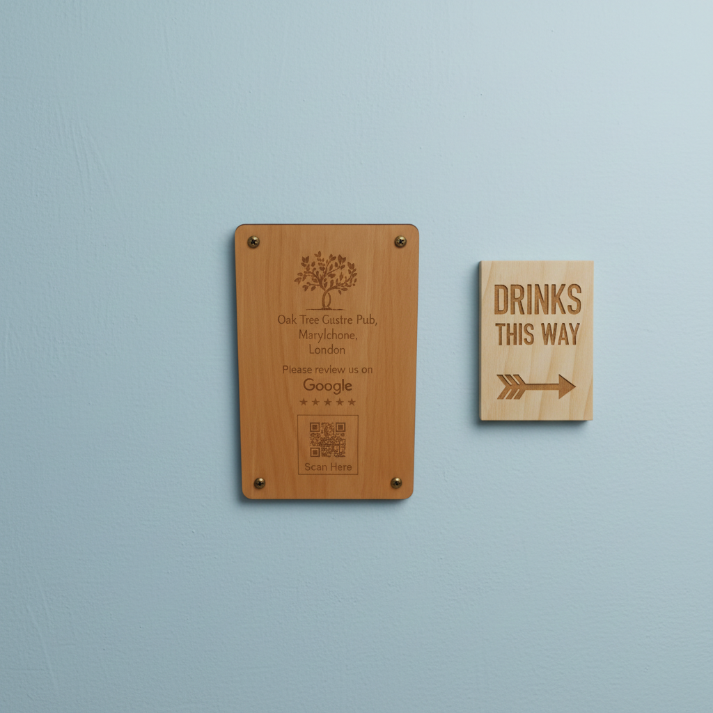 Personalised, Bespoke QR Code Wood Plaque, (Business reviews, food and drink menus, market or craft stall stock, link to business) . 260mm x 170mm x 4mm.