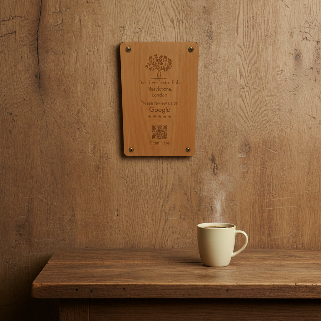 Personalised, Bespoke QR Code Wood Plaque, (Business reviews, food and drink menus, market or craft stall stock, link to business) . 260mm x 170mm x 4mm.