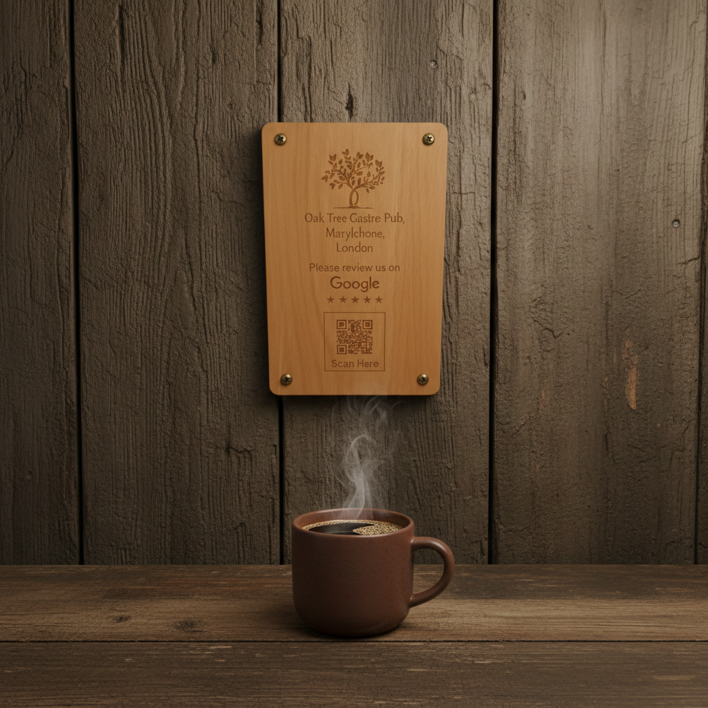 Personalised, Bespoke QR Code Wood Plaque, (Business reviews, food and drink menus, market or craft stall stock, link to business) . 260mm x 170mm x 4mm.