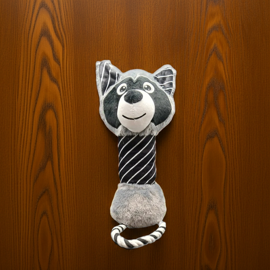 Racoon squeaky plush and rope animal dog toy. Medium to large dogs. (34cm x 12cm).