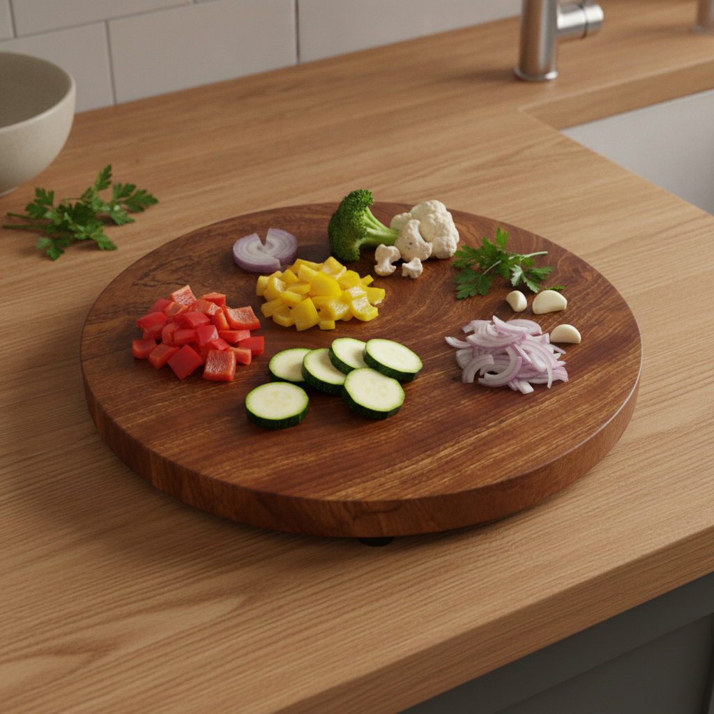 Round, Sapele - Butchers Block Style, with Waxed Sides. Cheese, Bread or Small Chop Board, with Rubber Feet. 280mm x 38mm.
