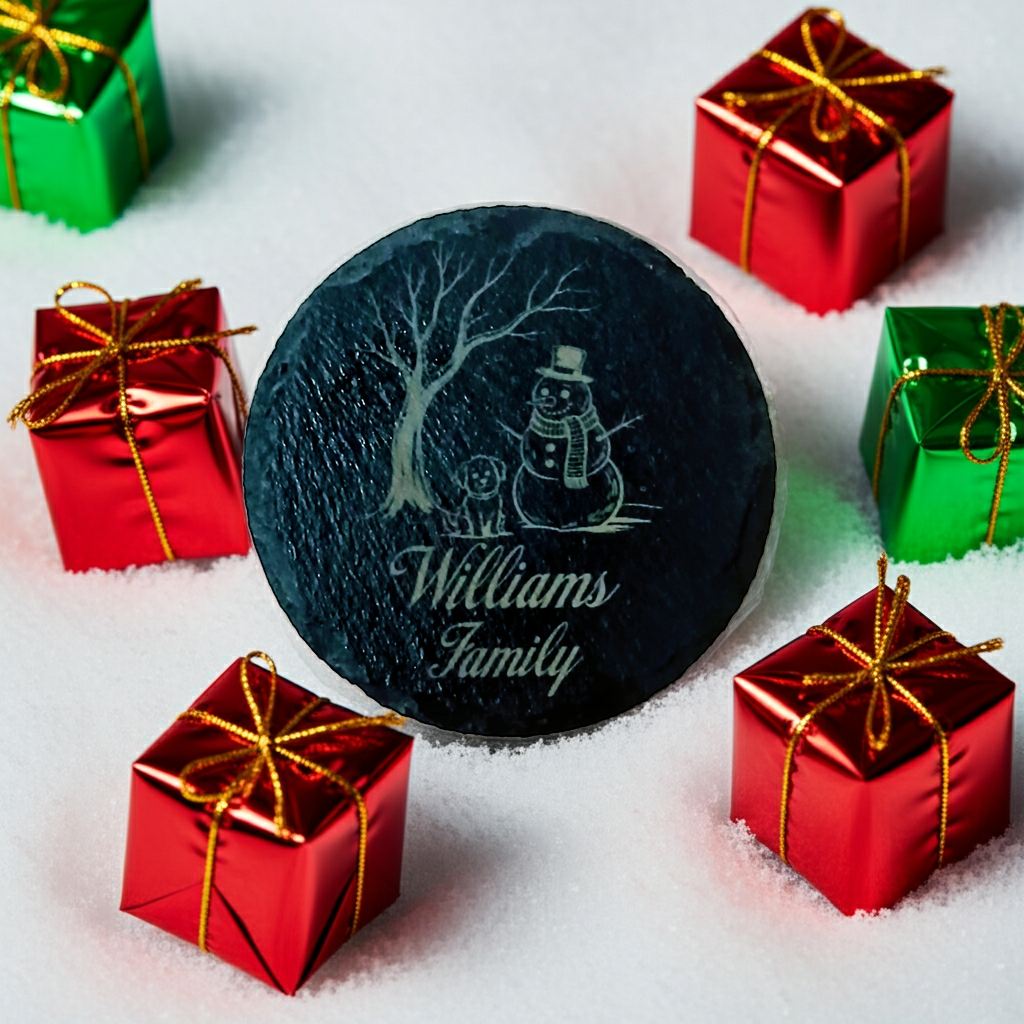 Round Natural Slate Coasters, with anti-skid feet. Personalise with any text and font -Snowman and Dog Festive Wintery Scene.