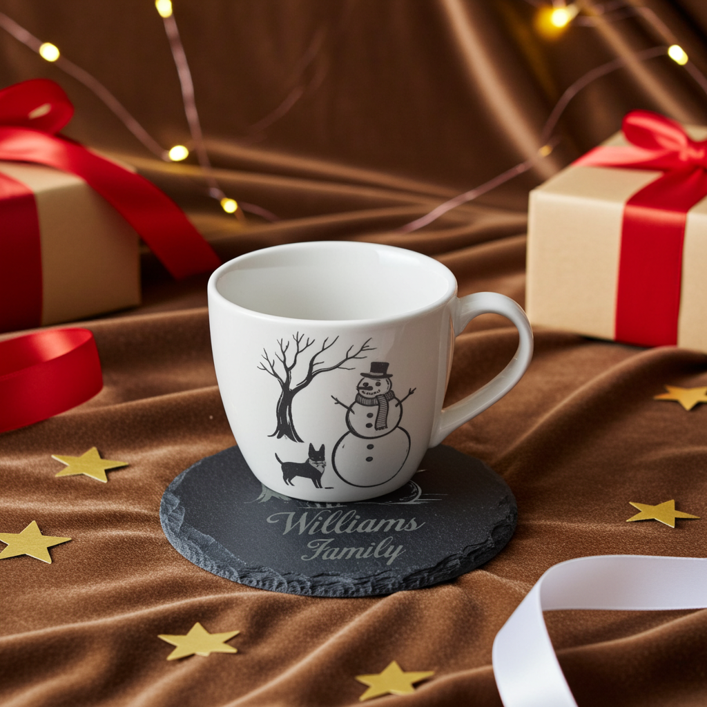 Round Natural Slate Coasters, with anti-skid feet. Personalise with any text and font -Snowman and Dog Festive Wintery Scene.