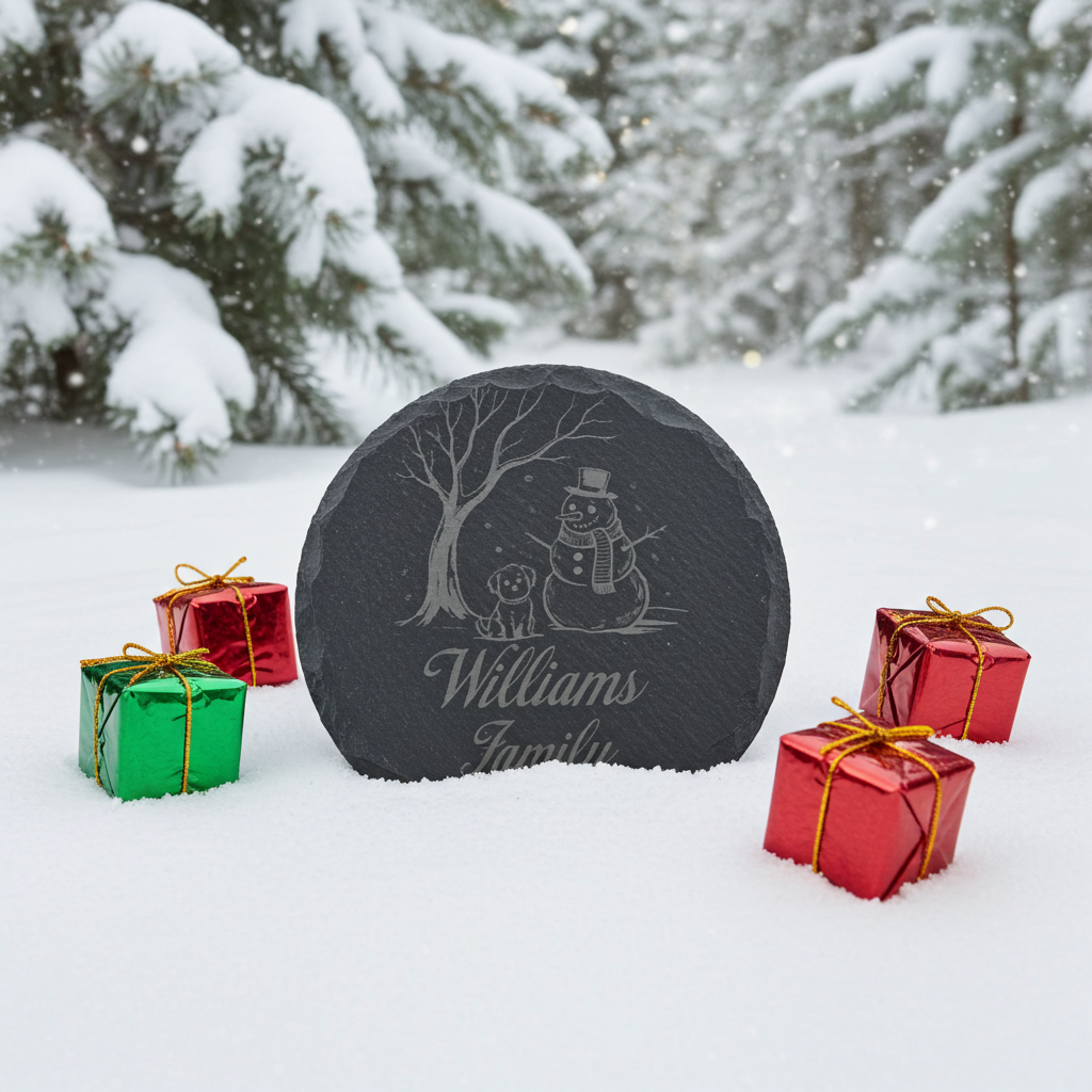 Round Natural Slate Coasters, with anti-skid feet. Personalise with any text and font -Snowman and Dog Festive Wintery Scene.