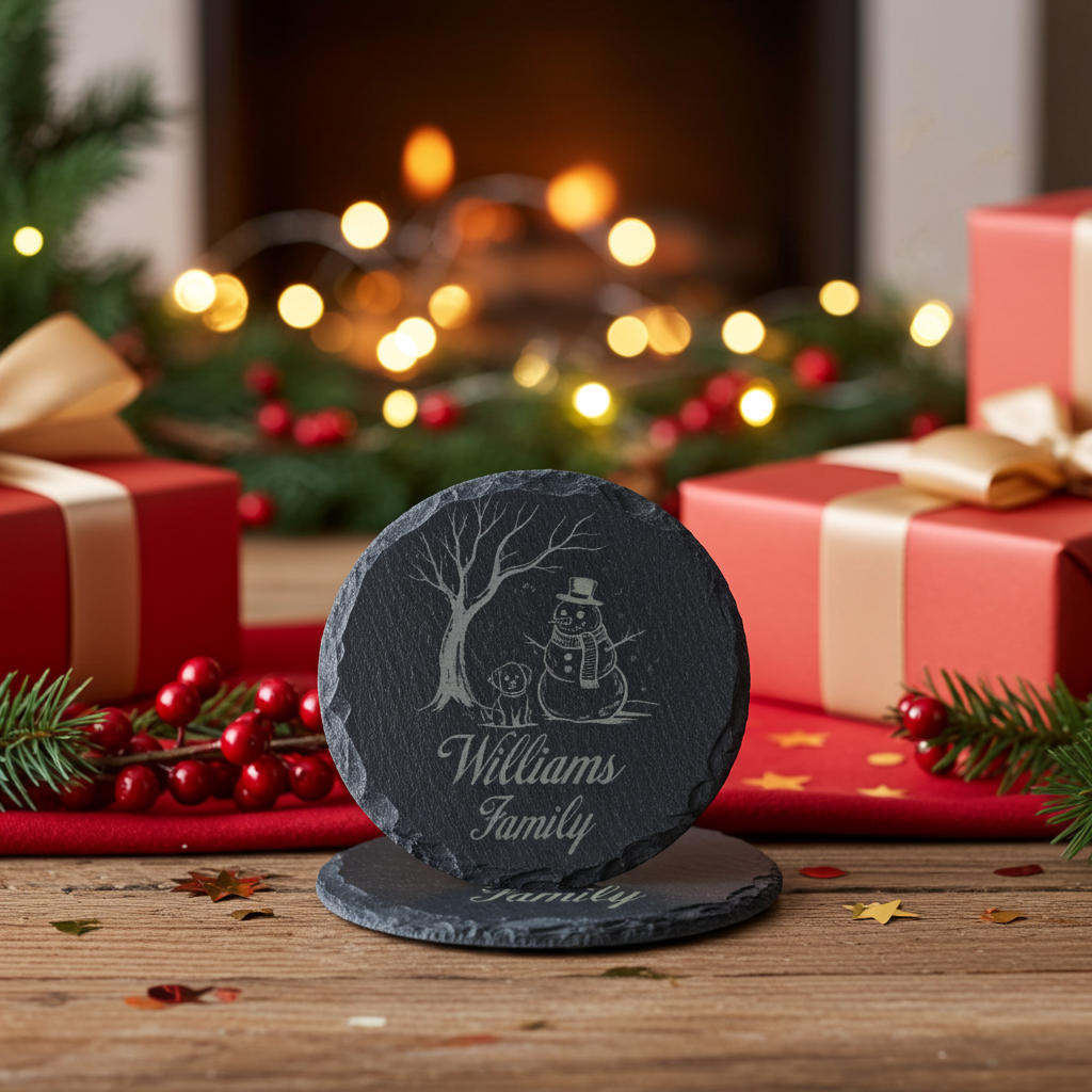 Round Natural Slate Coasters, with anti-skid feet. Personalise with any text and font -Snowman and Dog Festive Wintery Scene.