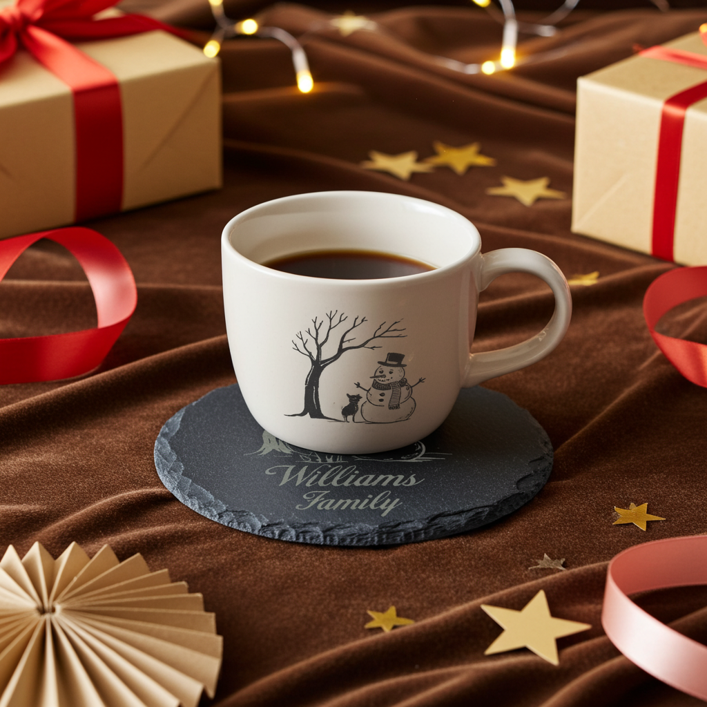 Round Natural Slate Coasters, with anti-skid feet. Personalise with any text and font -Snowman and Dog Festive Wintery Scene.