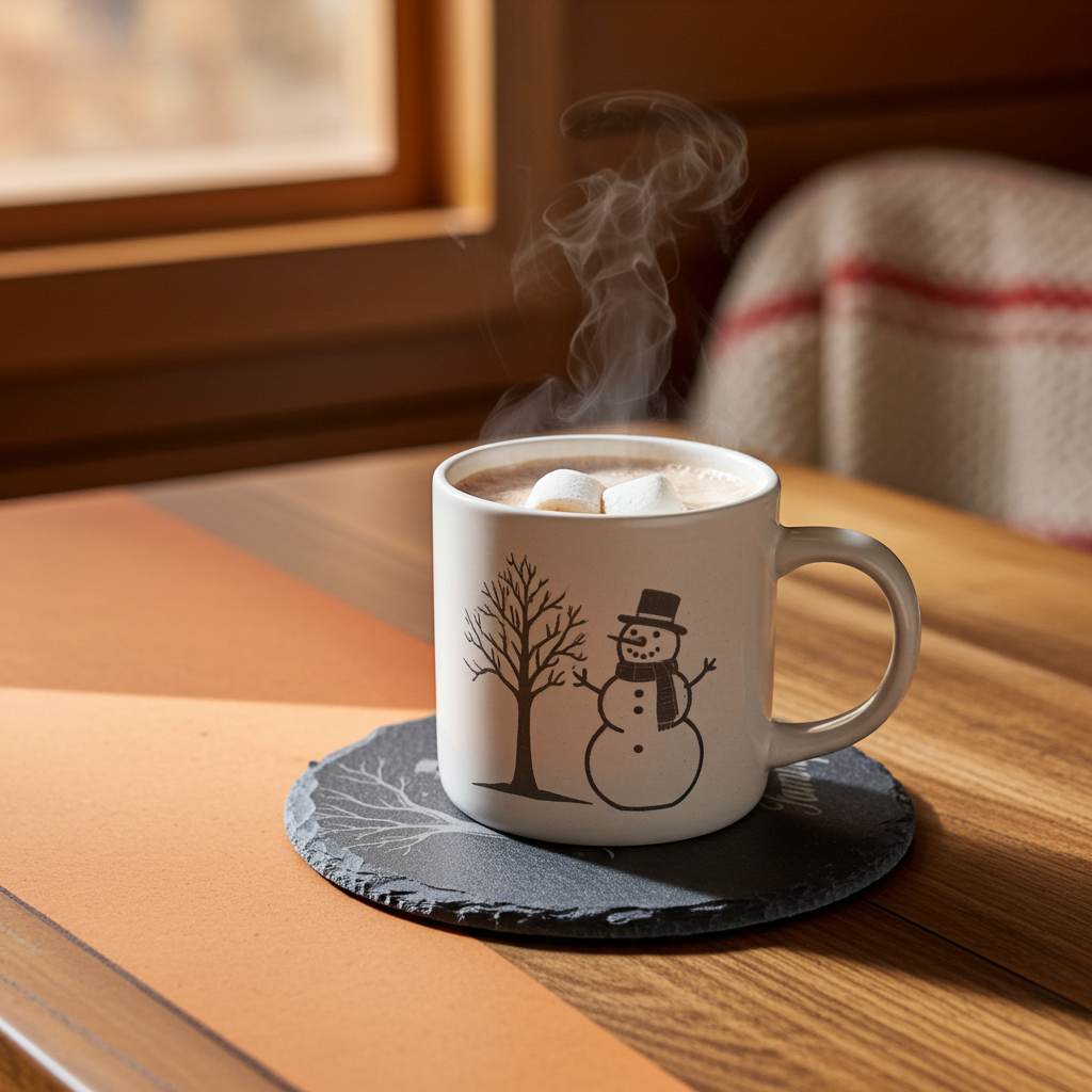 Round Natural Slate Coasters, with anti-skid feet. Personalise with any text and font -Snowman and Dog Festive Wintery Scene.