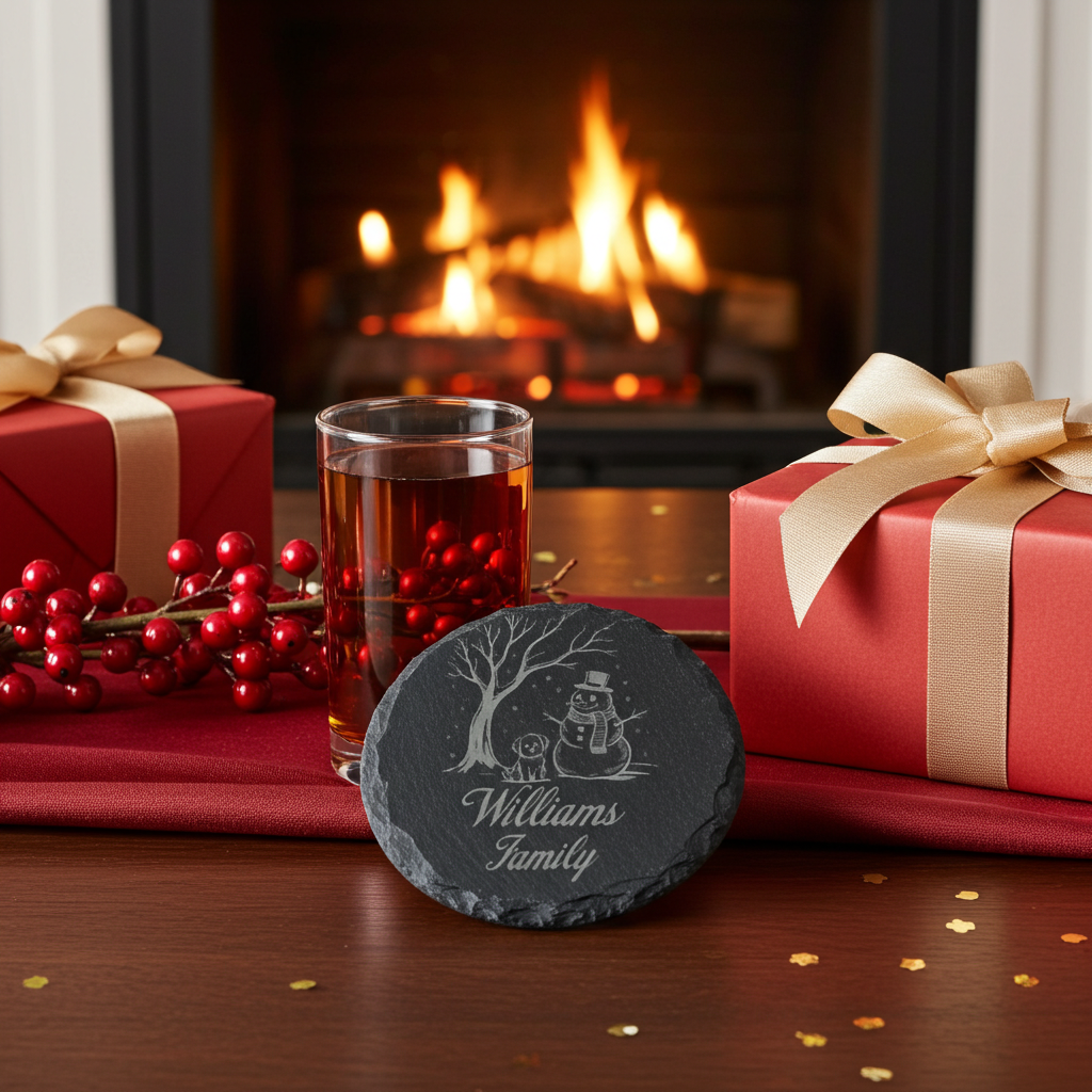 Round Natural Slate Coasters, with anti-skid feet. Personalise with any text and font -Snowman and Dog Festive Wintery Scene.