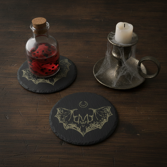 Round Slate Macabre Coasters with bumper feet.