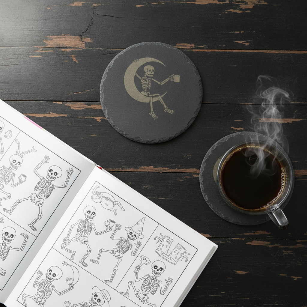 Round Slate Macabre Coasters with bumper feet.