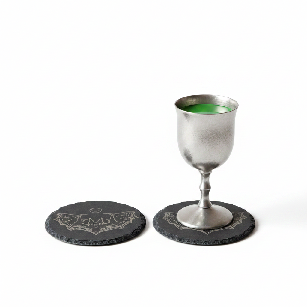 Round Slate Macabre Coasters with bumper feet.