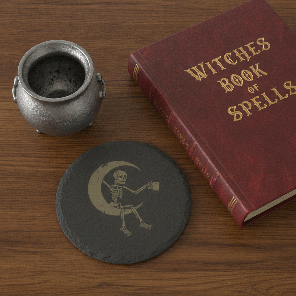 Round Slate Macabre Coasters with bumper feet.