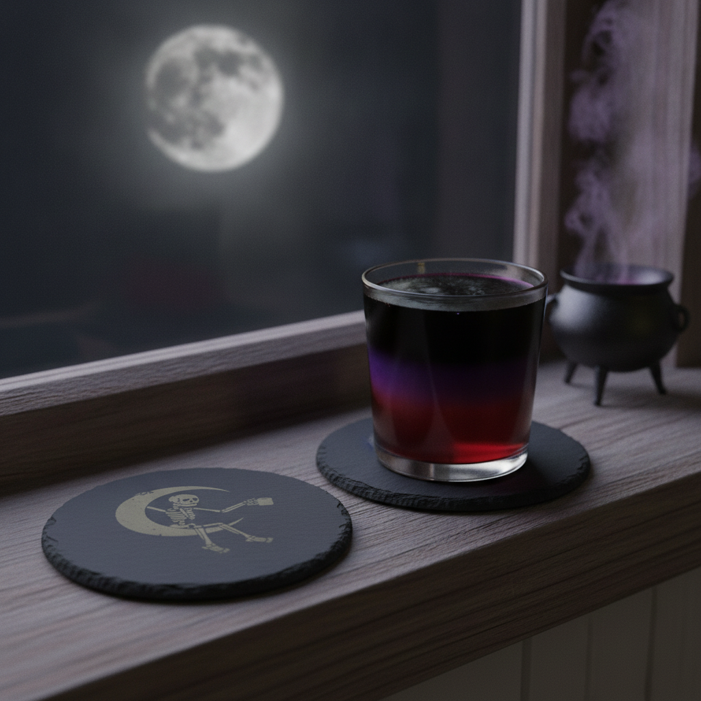 Round Slate Macabre Coasters with bumper feet.