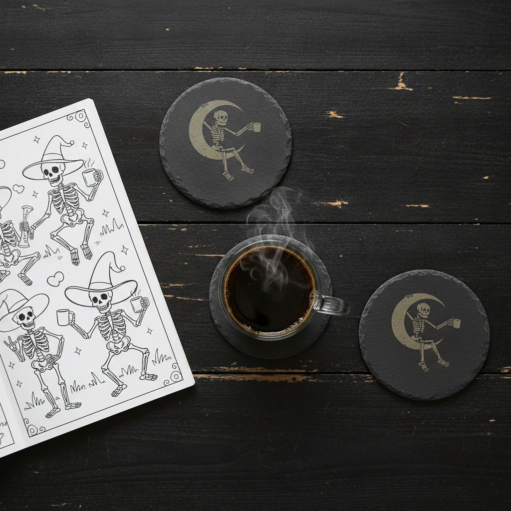 Round Slate Macabre Coasters with bumper feet.