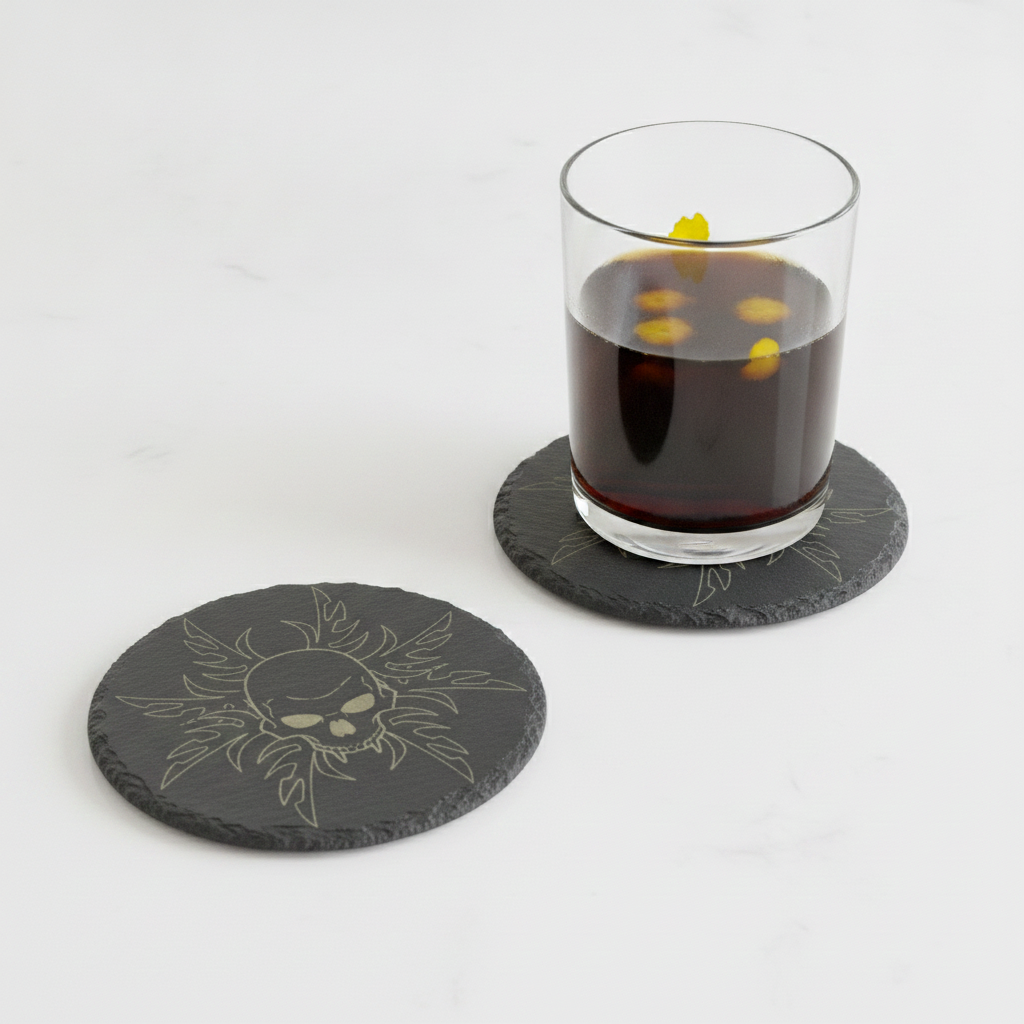 Round Slate Macabre Coasters with bumper feet.