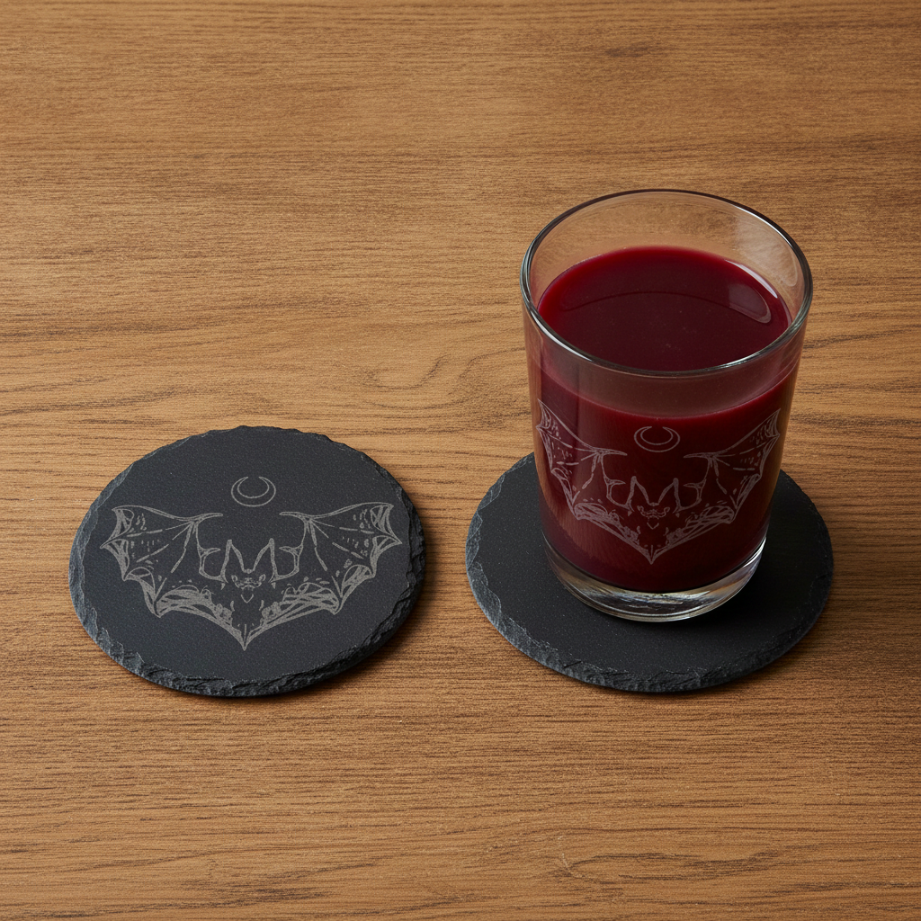 Round Slate Macabre Coasters with bumper feet.