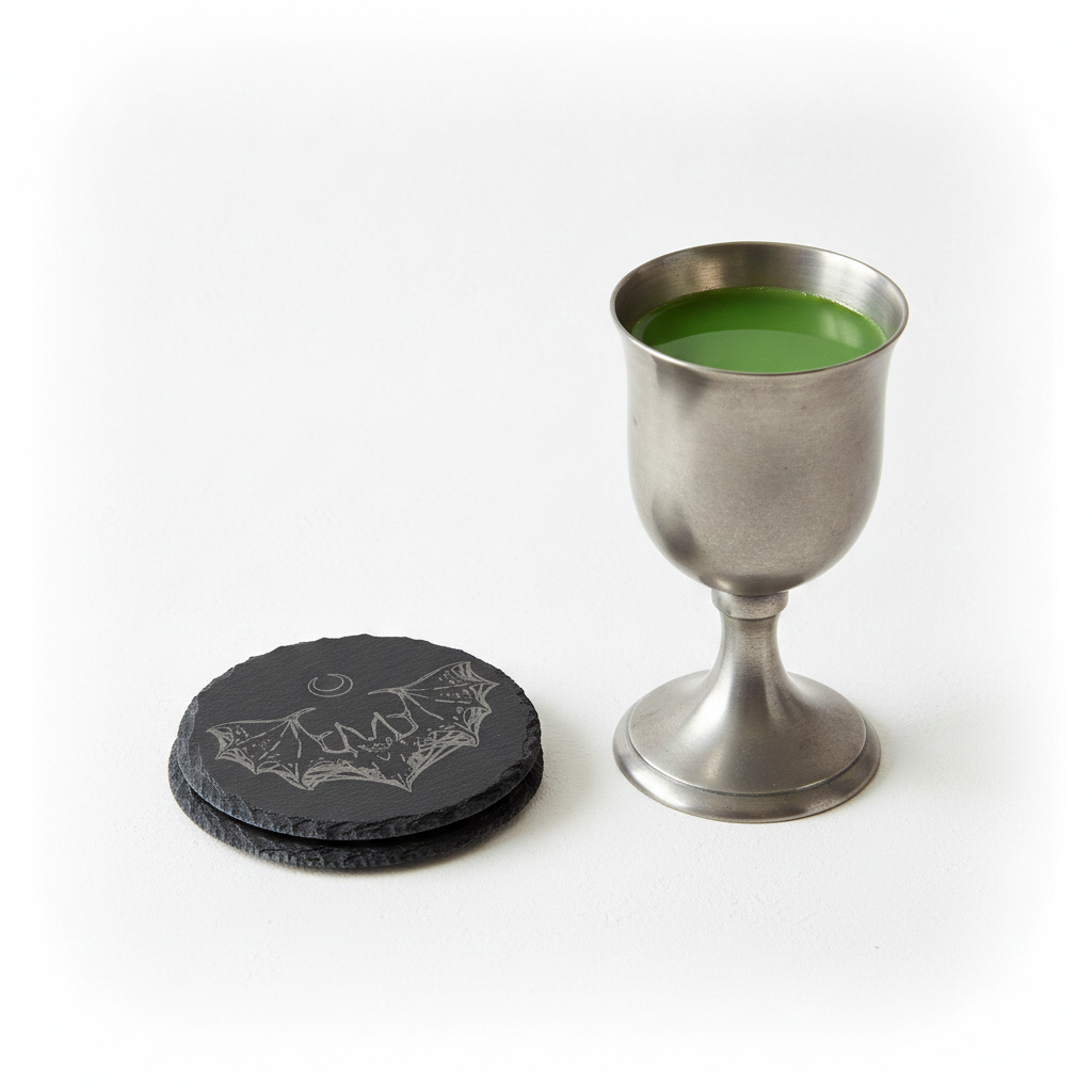 Round Slate Macabre Coasters with bumper feet.