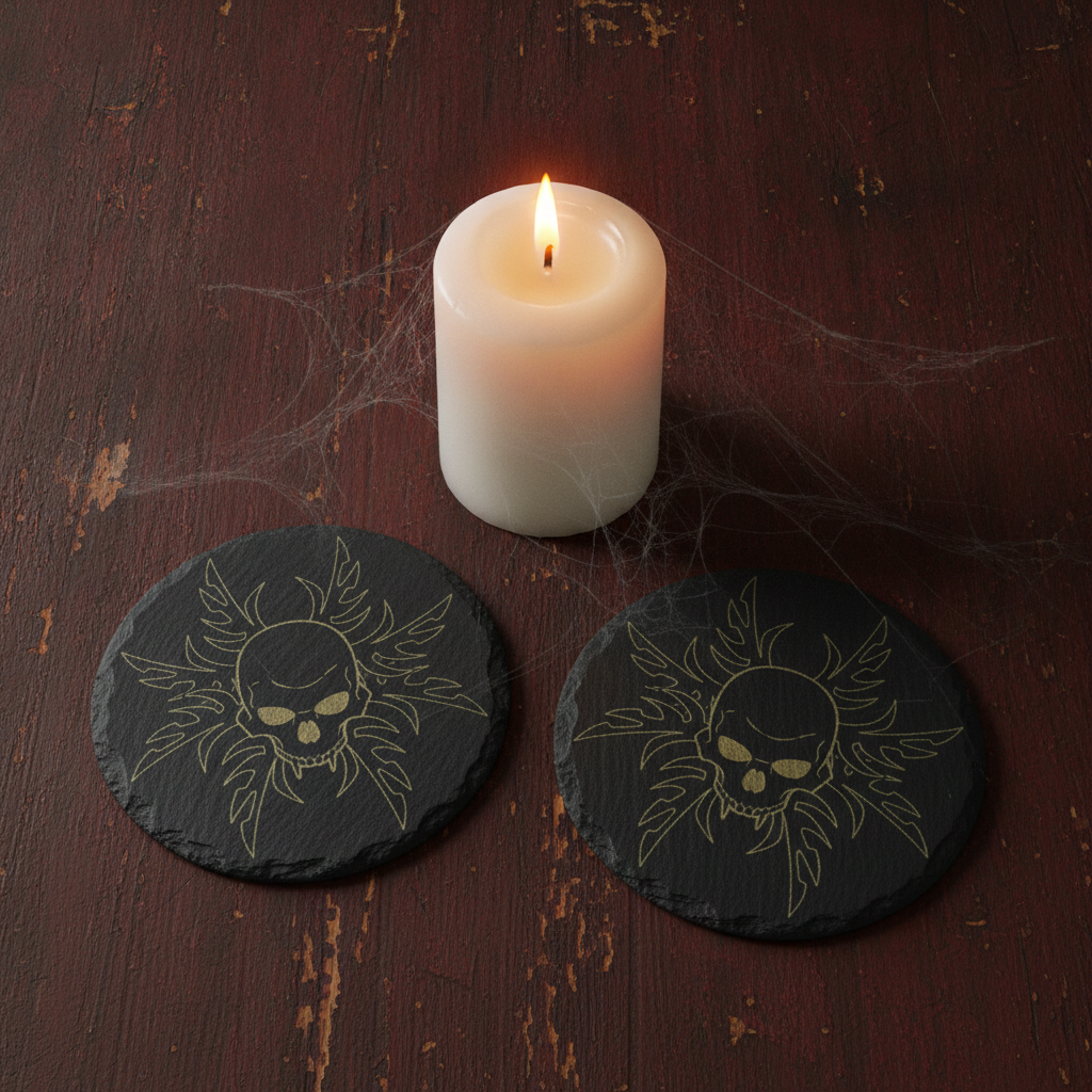Round Slate Macabre Coasters with bumper feet.