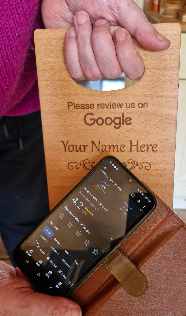 Handheld Tap to Review Sign, great for takeaways, busy coffee bars, trades people etc