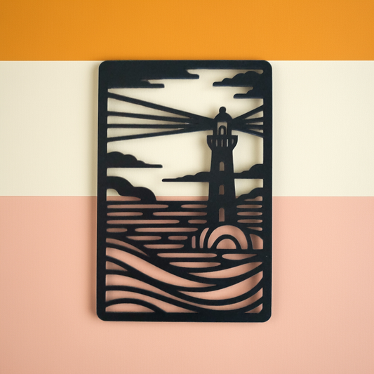 Seascape and Lighthouse Wall Art. Black Wood Cut out. 270mm  x 180mm x 3mm.