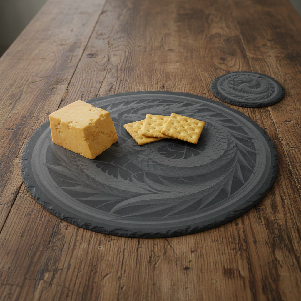 Serving, Drinks or Cheese Platter. 30cm diameter natural slate engraving- Dragon- 3d effect, with bumper feet.