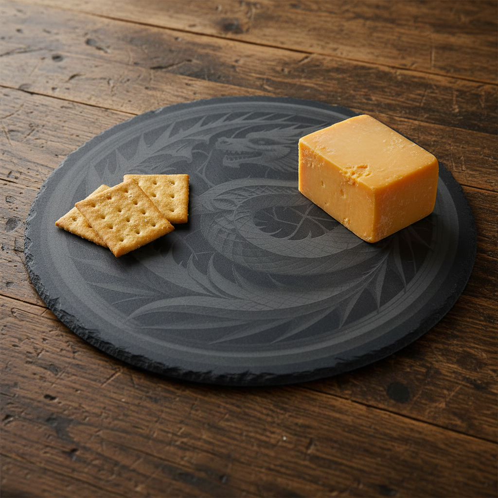 Serving, Drinks or Cheese Platter. 30cm diameter natural slate engraving- Dragon- 3d effect, with bumper feet.