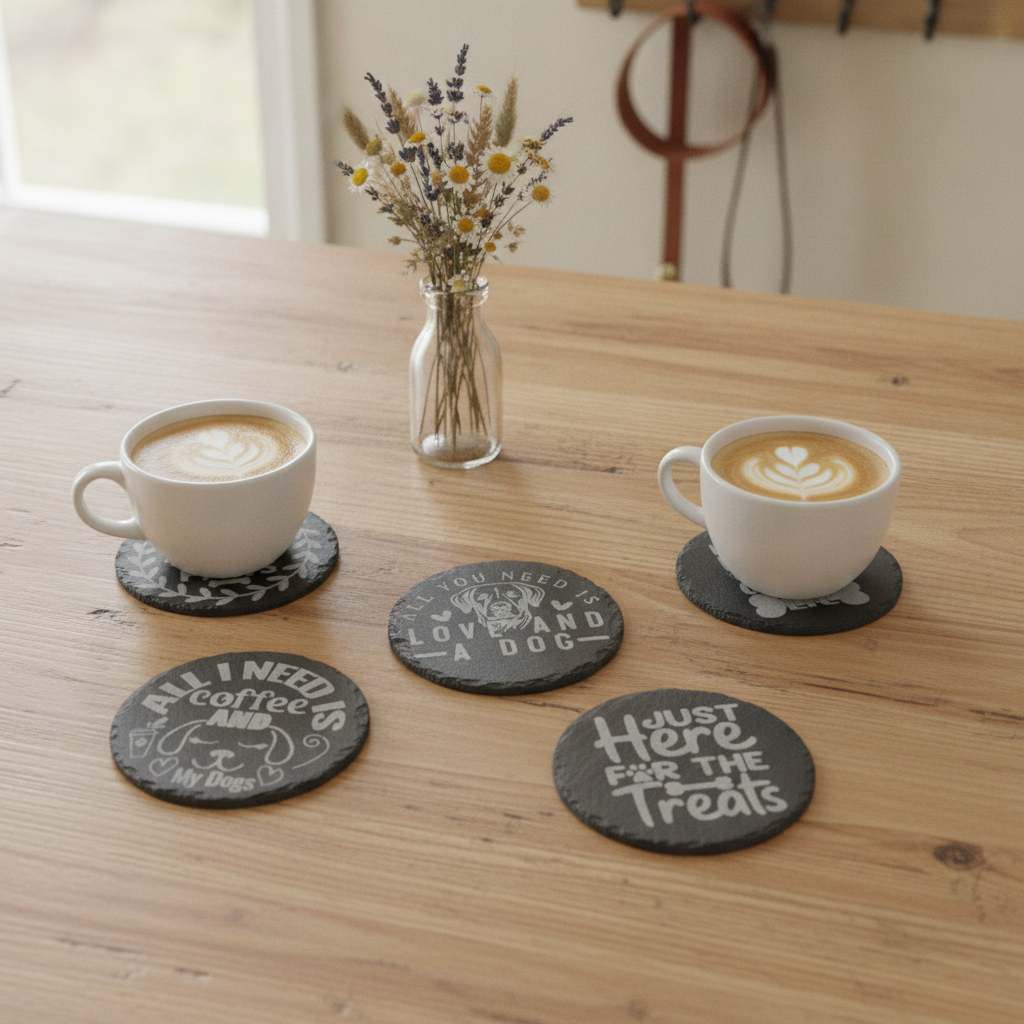 Set Of 6, Dog Themed Coasters Natural Slate, Anti-Skid Feet. 10cm
