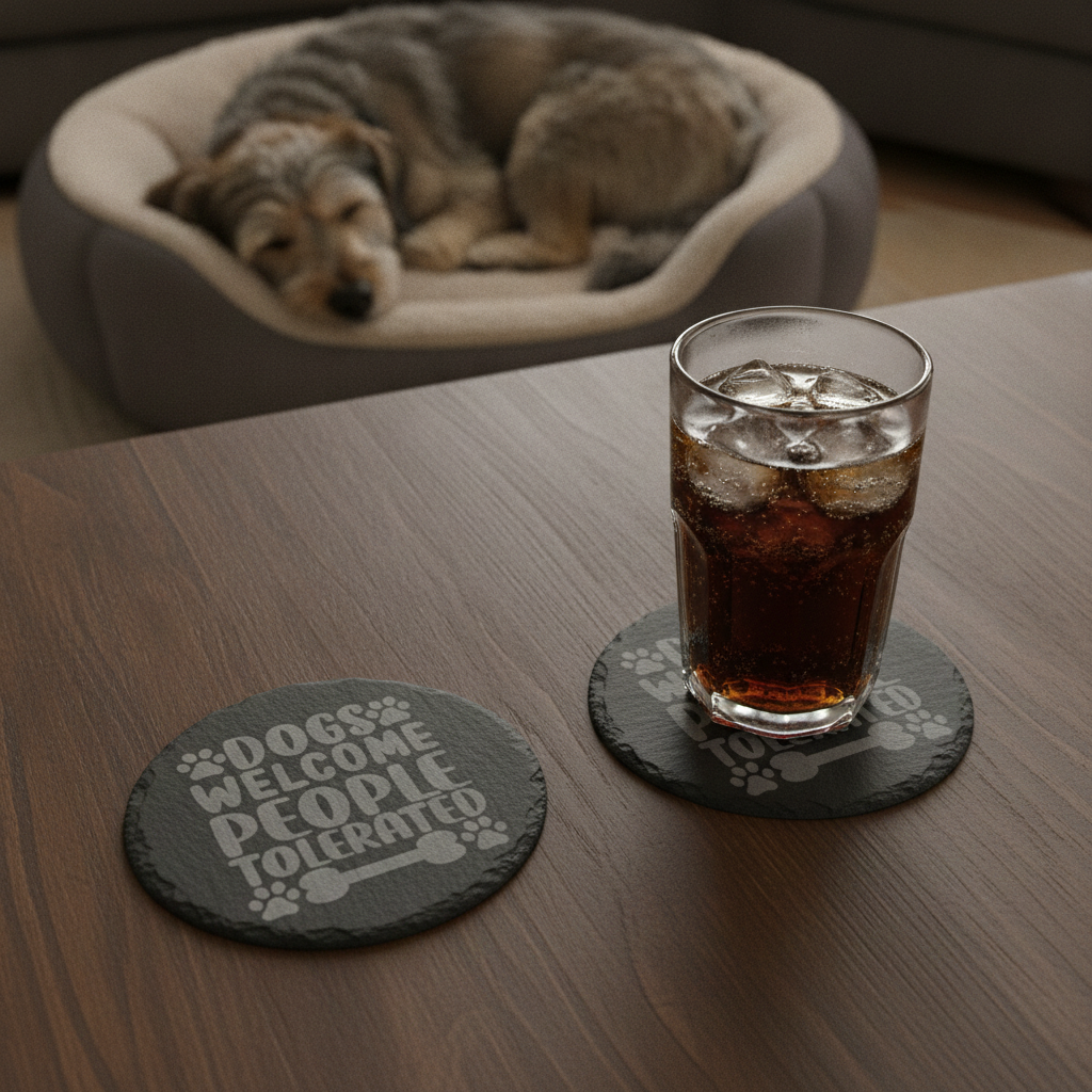 Set Of 6, Dog Themed Coasters Natural Slate, Anti-Skid Feet. 10cm