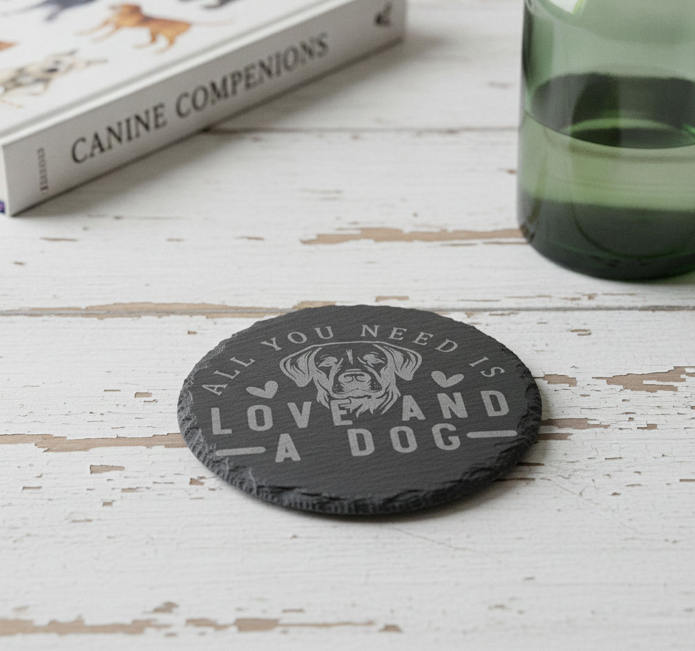 Set Of 6, Dog Themed Coasters Natural Slate, Anti-Skid Feet. 10cm