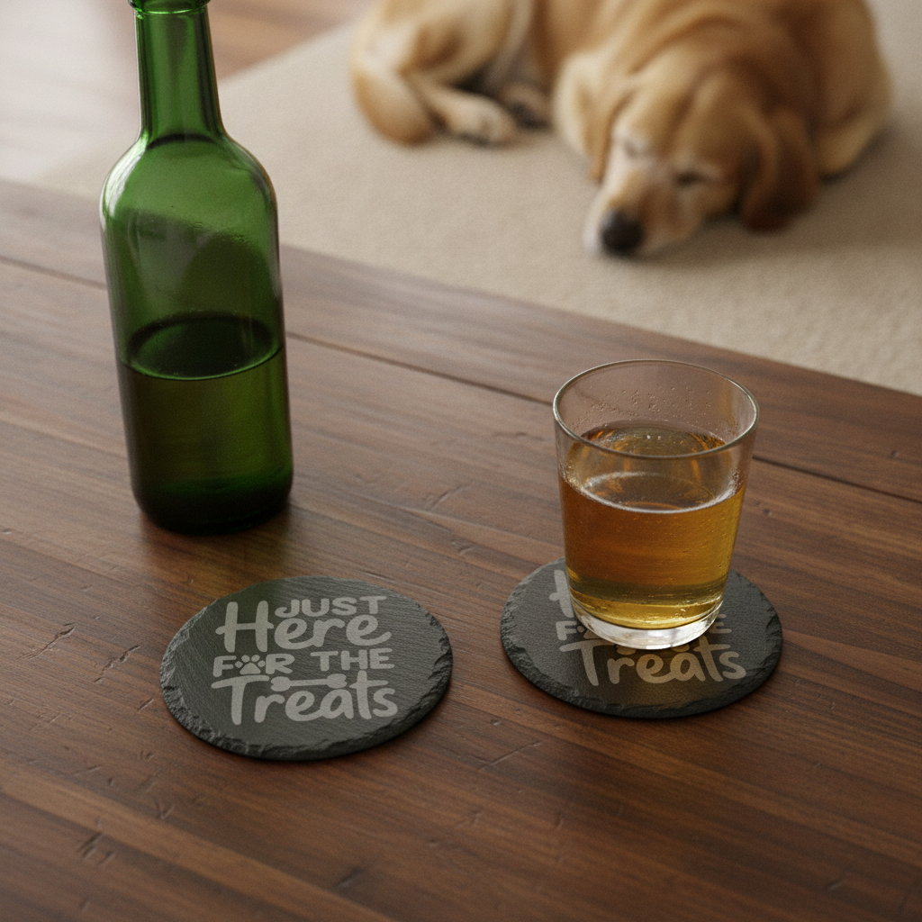 Set Of 6, Dog Themed Coasters Natural Slate, Anti-Skid Feet. 10cm