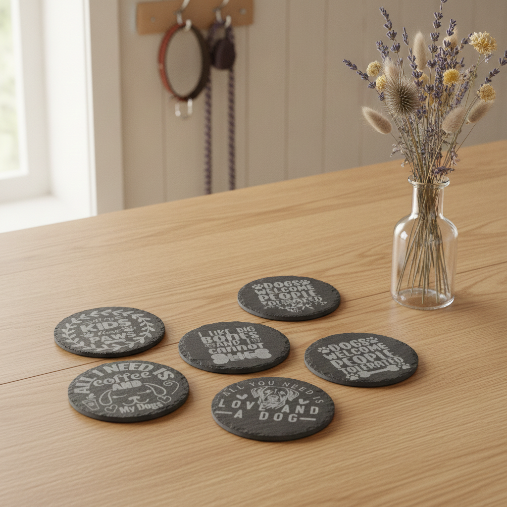 Set Of 6, Dog Themed Coasters Natural Slate, Anti-Skid Feet. 10cm