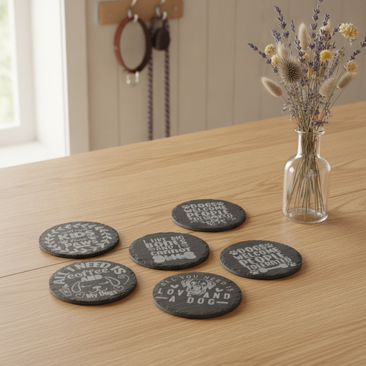 Set Of 6, Dog Themed Coasters Natural Slate, Anti-Skid Feet. 10cm