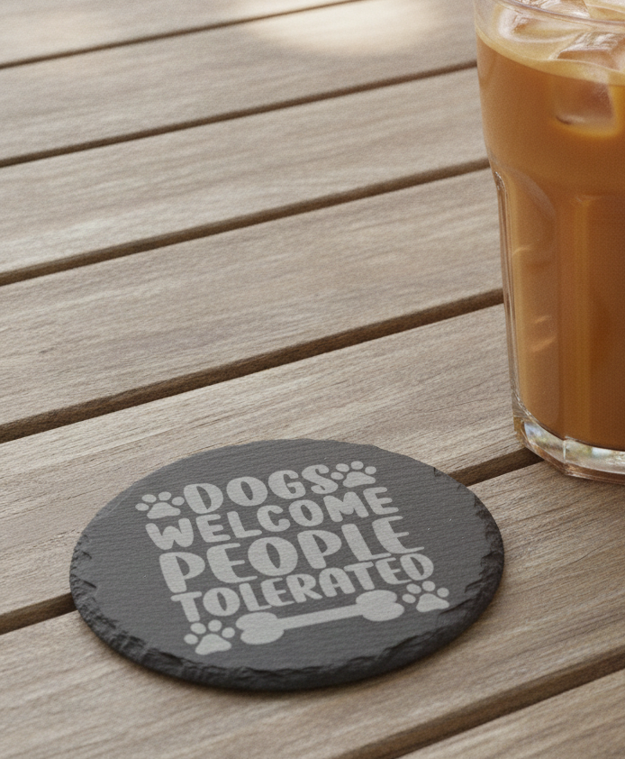 Set Of 6, Dog Themed Coasters Natural Slate, Anti-Skid Feet. 10cm