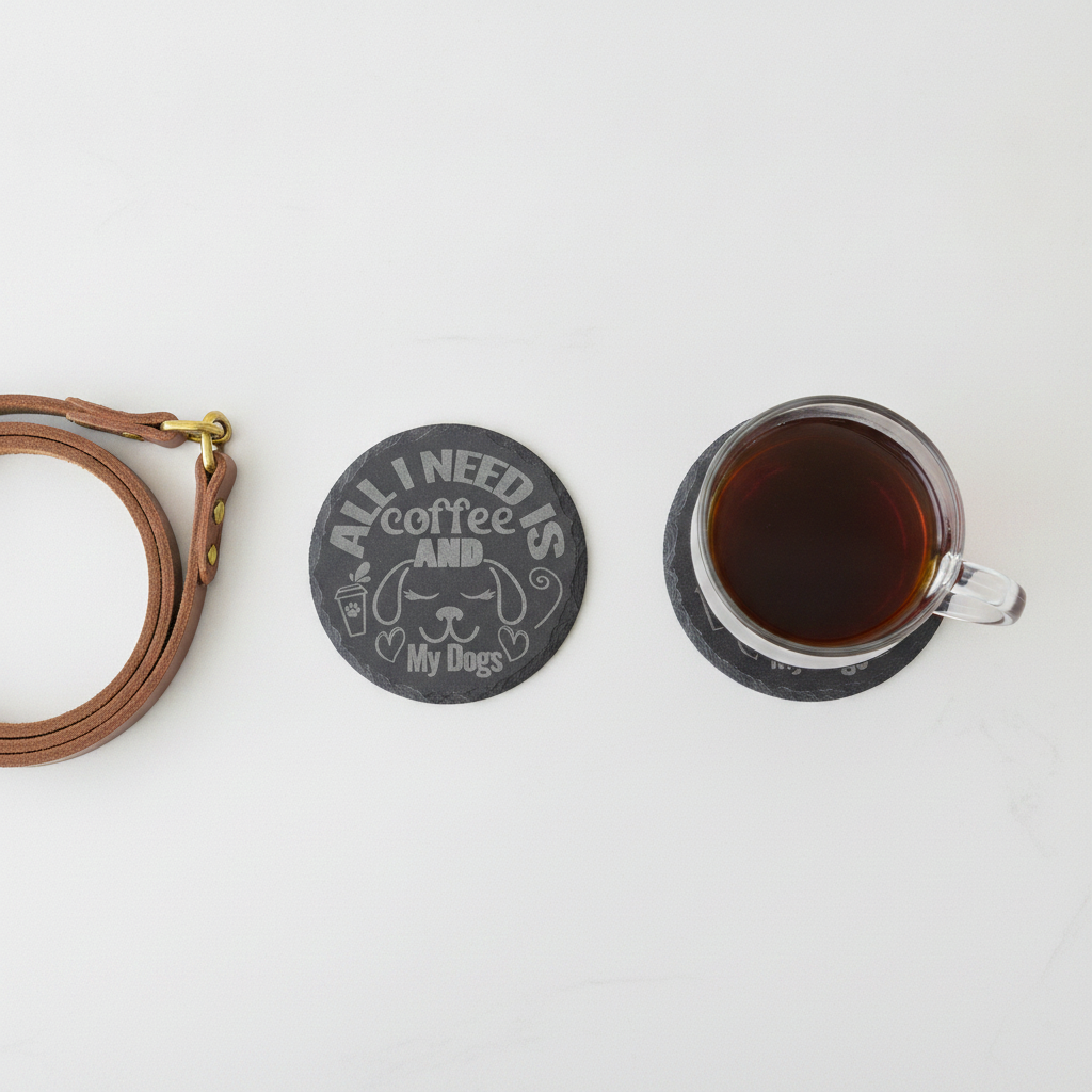 Set Of 6, Dog Themed Coasters Natural Slate, Anti-Skid Feet. 10cm