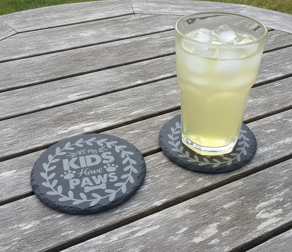 Set Of 6, Dog Themed Coasters Natural Slate, Anti-Skid Feet. 10cm
