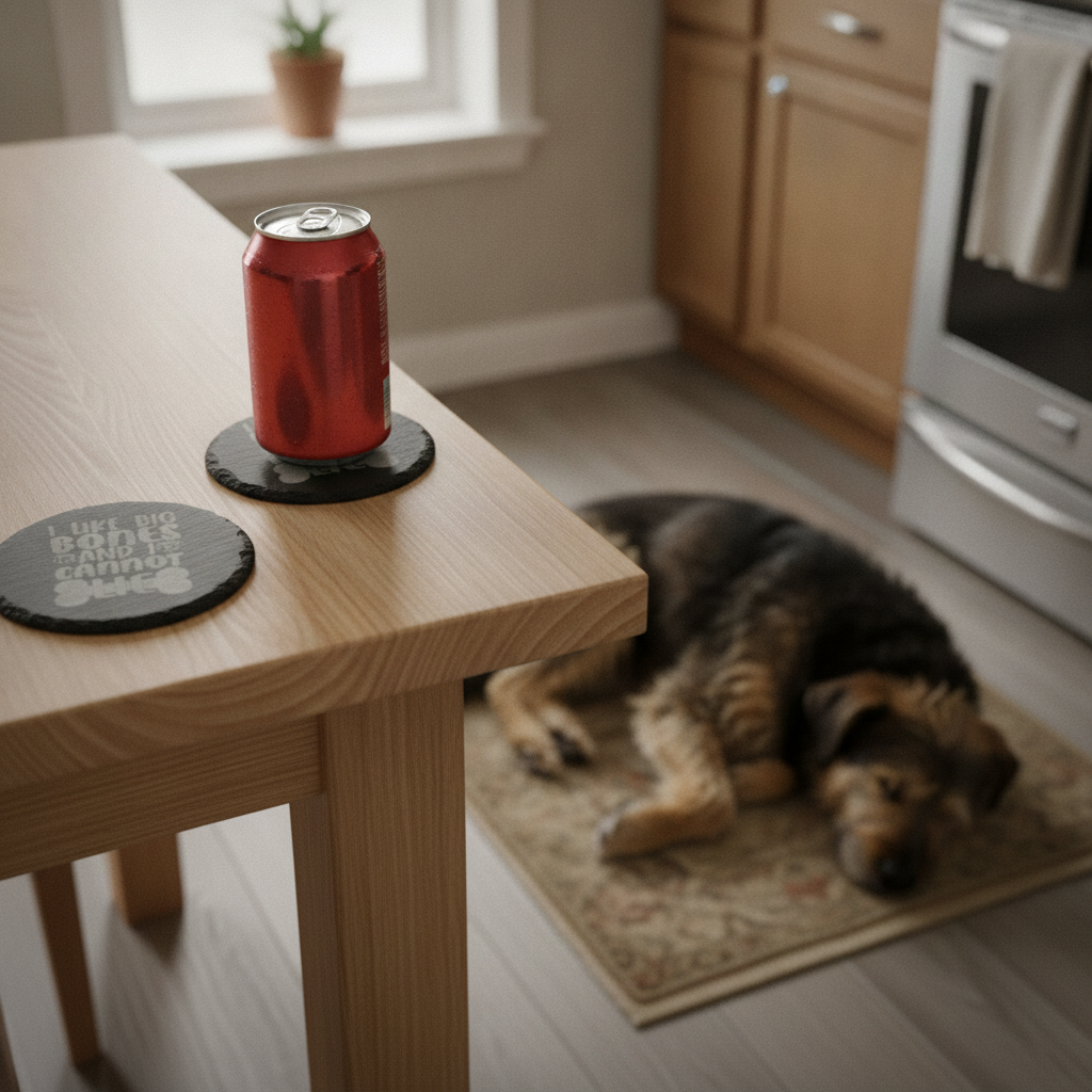 Set Of 6, Dog Themed Coasters Natural Slate, Anti-Skid Feet. 10cm