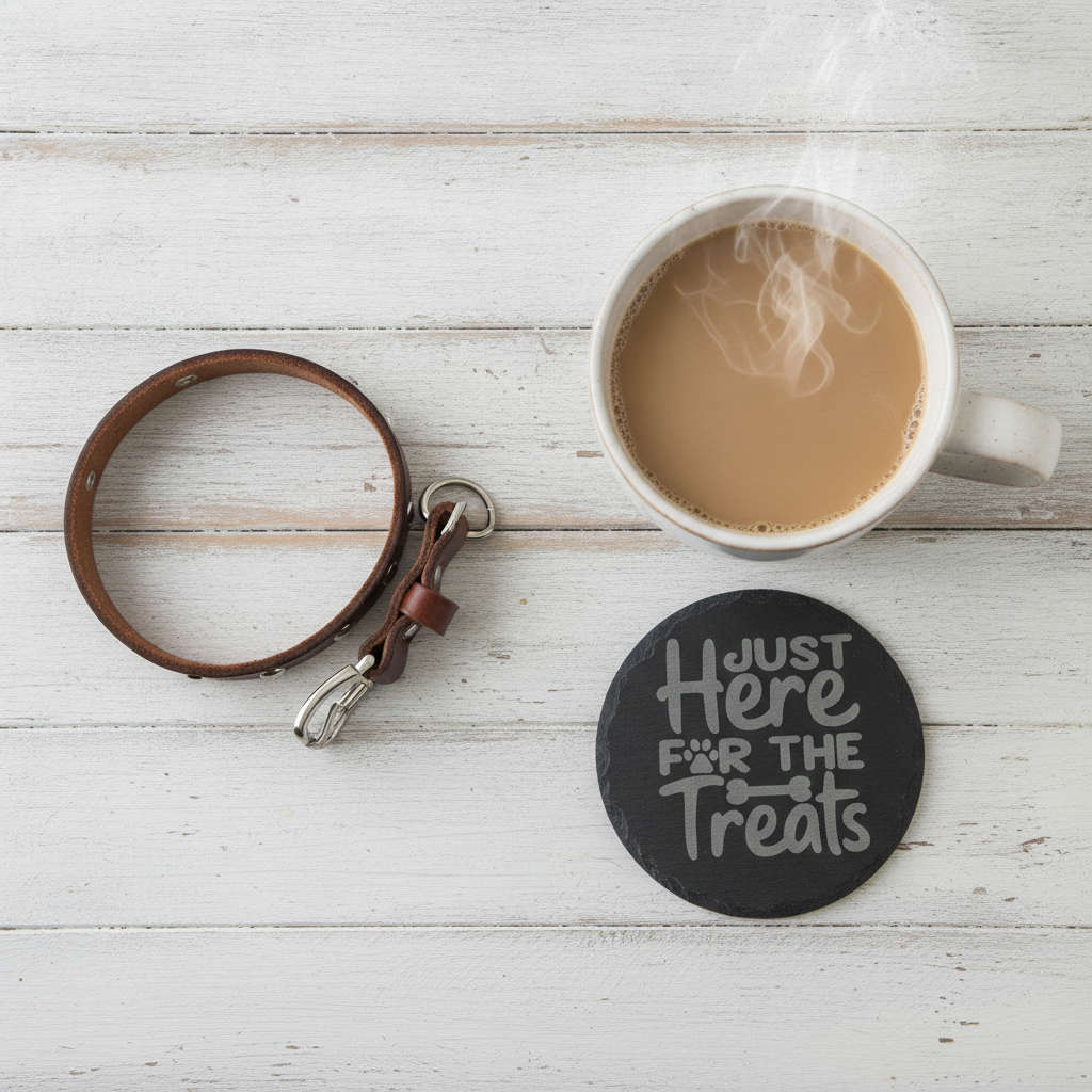 Set Of 6, Dog Themed Coasters Natural Slate, Anti-Skid Feet. 10cm