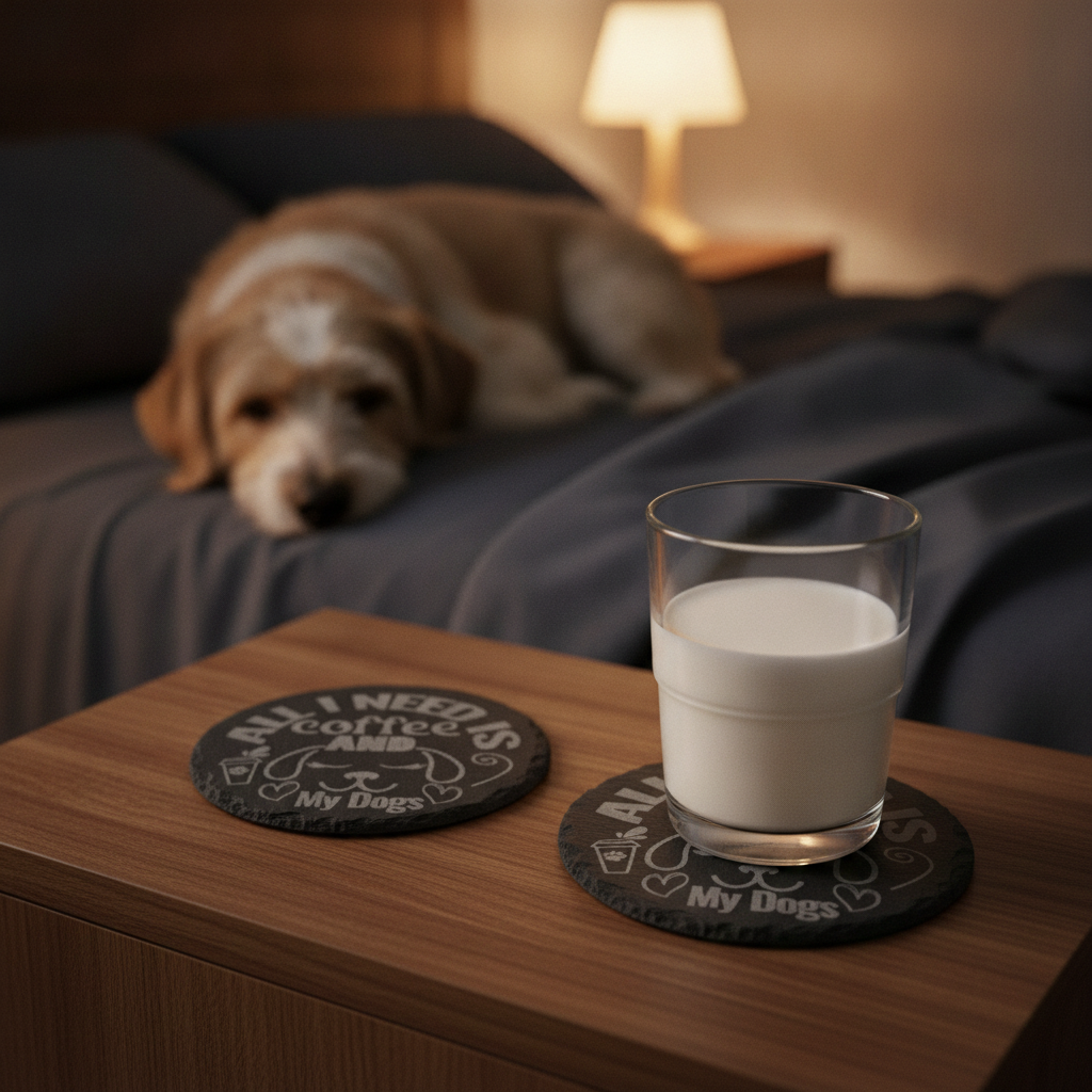 Set Of 6, Dog Themed Coasters Natural Slate, Anti-Skid Feet. 10cm