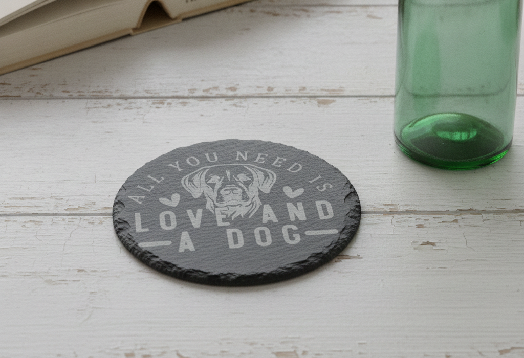 Set Of 6, Dog Themed Coasters Natural Slate, Anti-Skid Feet. 10cm