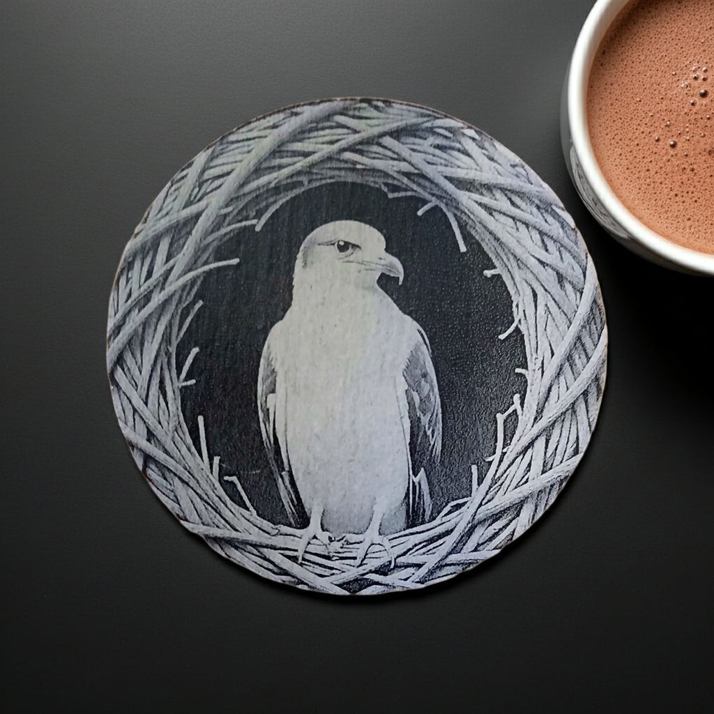 Set of 4- Exquisite engraving of a seagull, Slate drink coasters- 10cm diameter, with bumper feet.