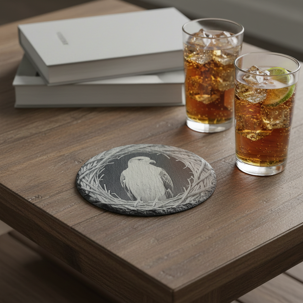Set of 4- Exquisite engraving of a seagull, Slate drink coasters- 10cm diameter, with bumper feet.