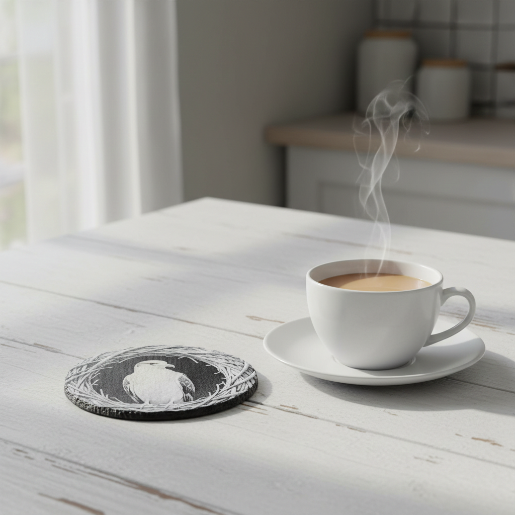 Set of 4- Exquisite engraving of a seagull, Slate drink coasters- 10cm diameter, with bumper feet.