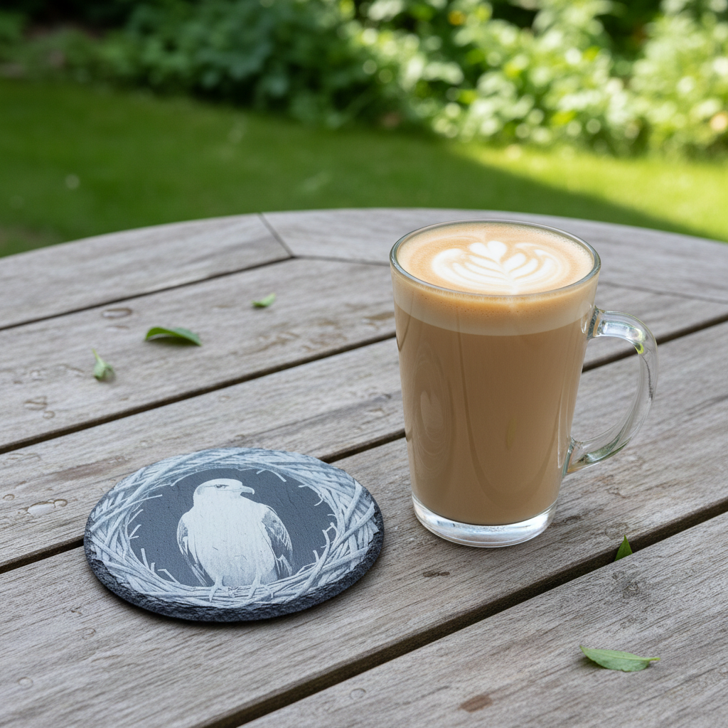 Set of 4- Exquisite engraving of a seagull, Slate drink coasters- 10cm diameter, with bumper feet.