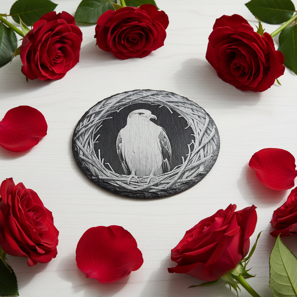 Set of 4- Exquisite engraving of a seagull, Slate drink coasters- 10cm diameter, with bumper feet.