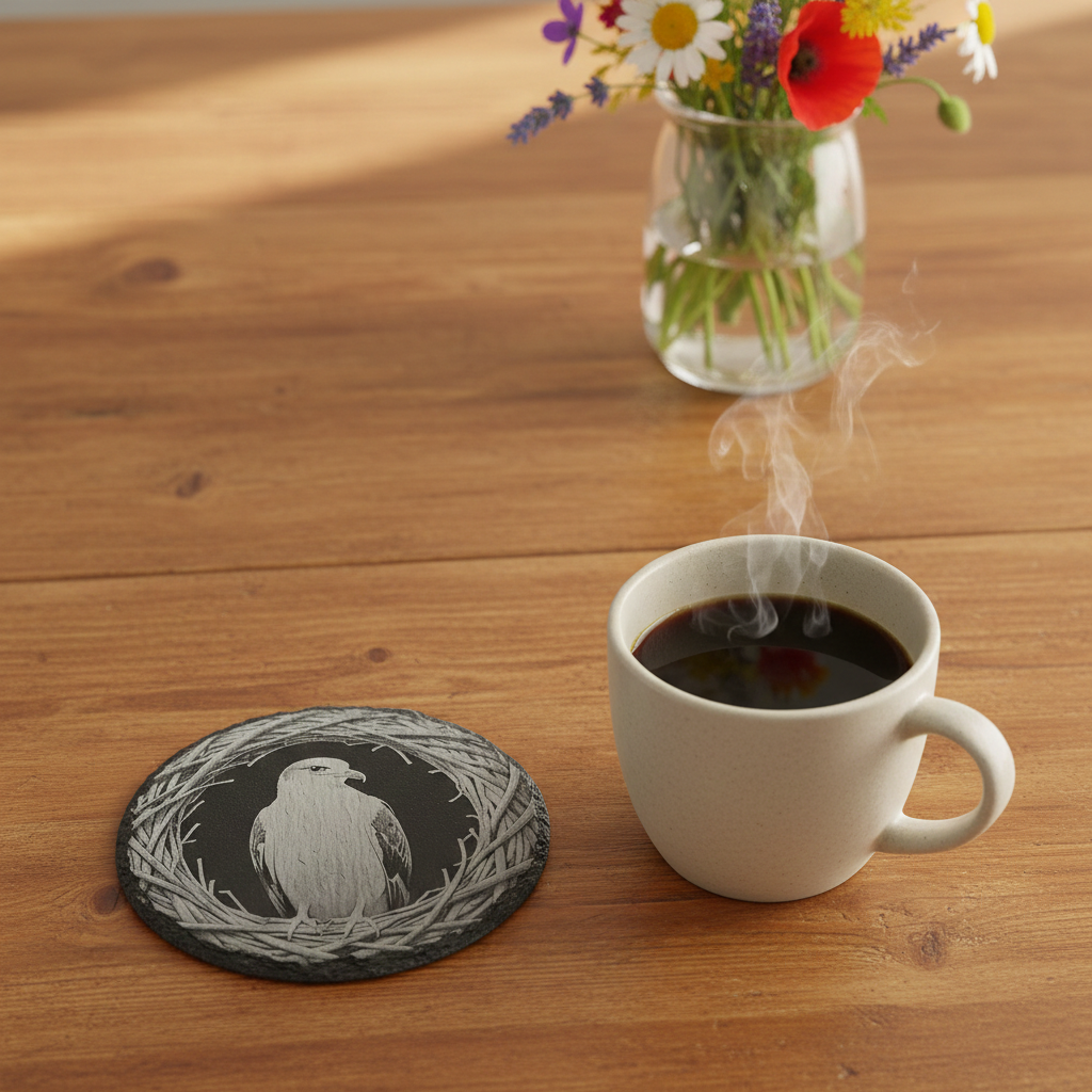 Set of 4- Exquisite engraving of a seagull, Slate drink coasters- 10cm diameter, with bumper feet.
